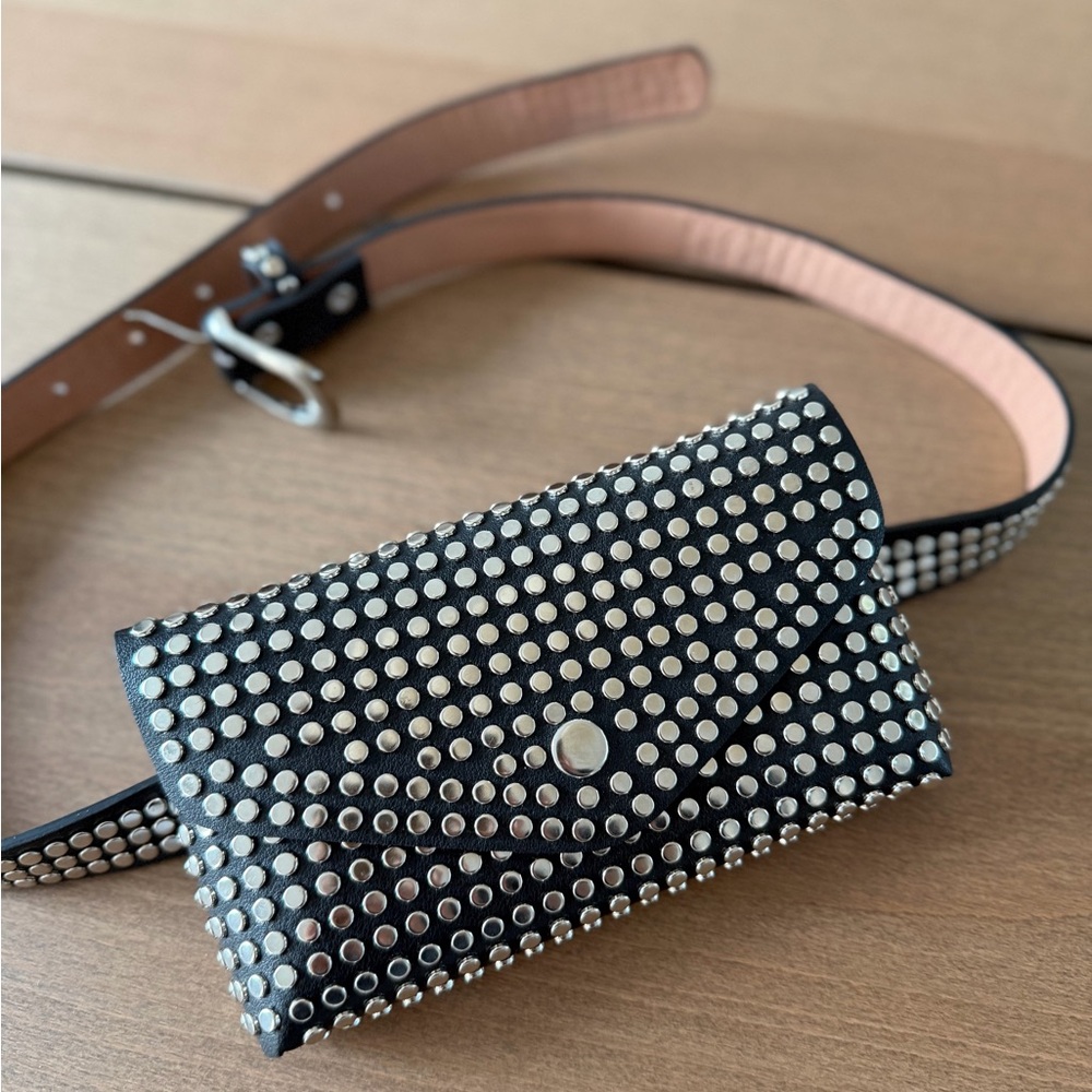 Black Studded Mini Vegan Leather Belt Bag - Sleek Hands-Free Wallet